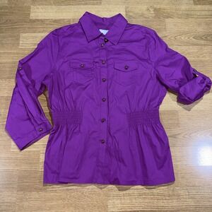 Charter Club Women's 3/4 Roll Tab Sleeve Button Up Blouse Sz 14 (L) Pleated Y2K
